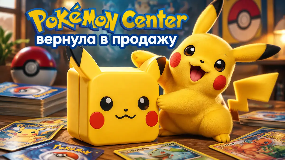 Пикачу в центре рядом с жёлтой силиконовой коробкой для карт Pokémon TCG, вокруг разложены карты
