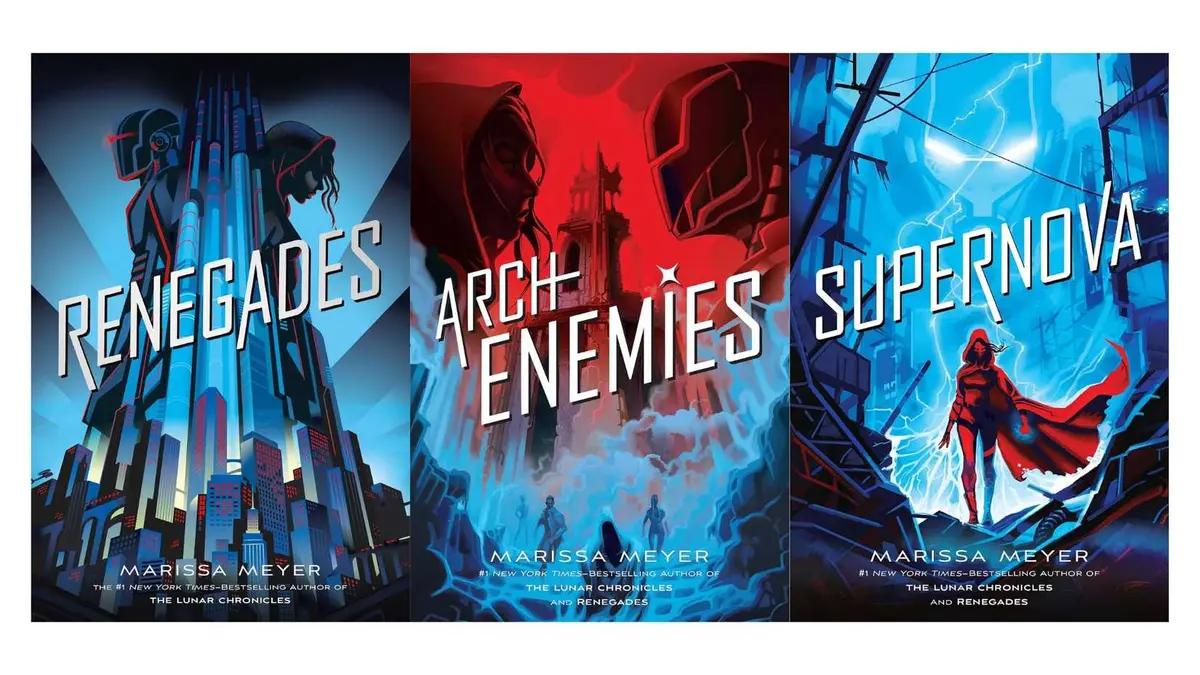 Renegades Trilogy by Marissa Meyer featuring comic book style blue and red covers