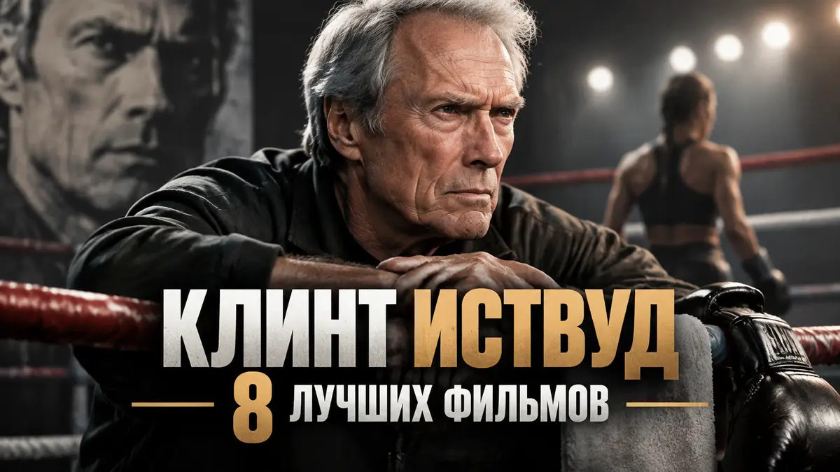 Клинт Иствуд в образе сурового тренера на фоне боксёрского ринга, постер в стиле лучших фильмов режиссёра