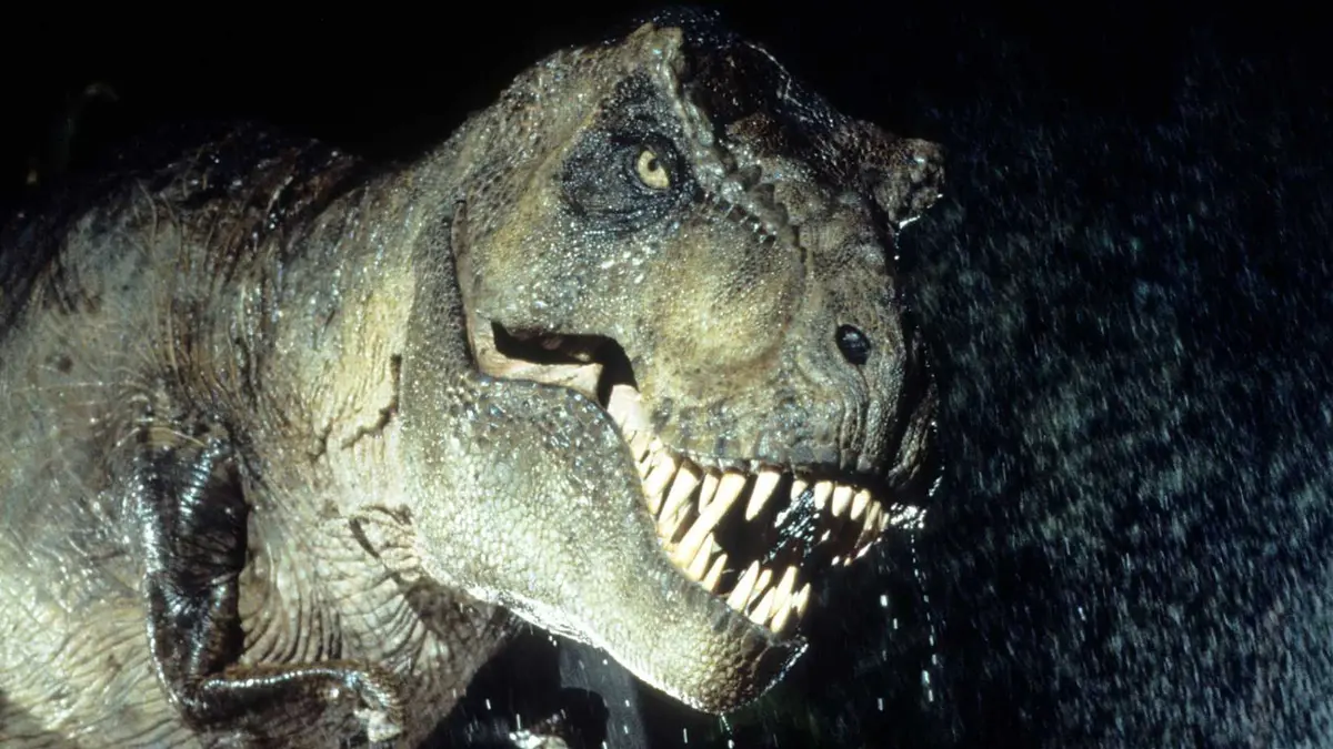 A T Rex in the rain in Jurassic Park
