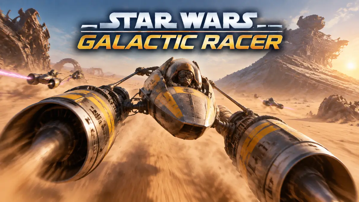 Подрейсер мчится над пустынями Jakku в стиле key art Star Wars: Galactic Racer, логотип игры сверху