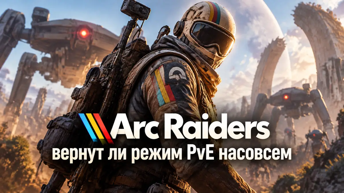 Боец отряда рейдеров на фоне роботов в Arc Raiders в фирменной экипировке