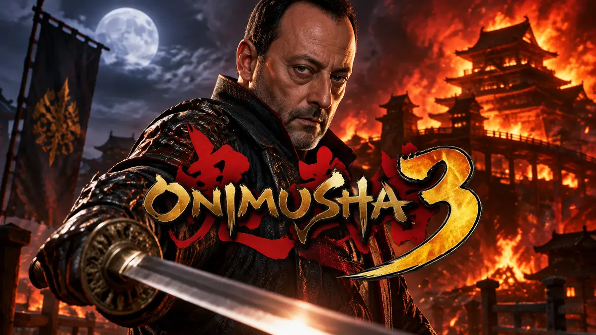 Жан Рено в образе самурая Жака из Onimusha 3 на фоне логотипа серии и японского замка в огне
