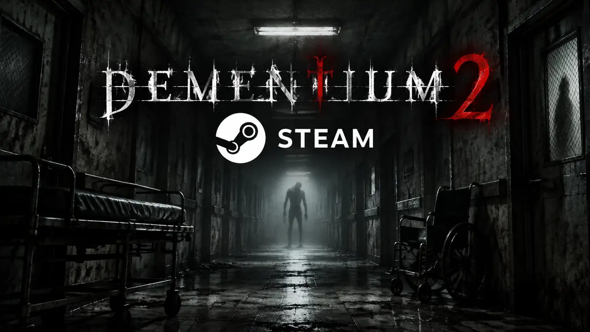 Мрачный коридор больницы из хоррора Dementium 2 с логотипом игры на ПК