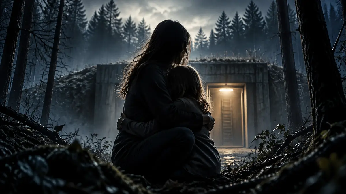Постер триллера «Милое дитя» Netflix: испуганная женщина и девочка на фоне мрачного леса и бункера
