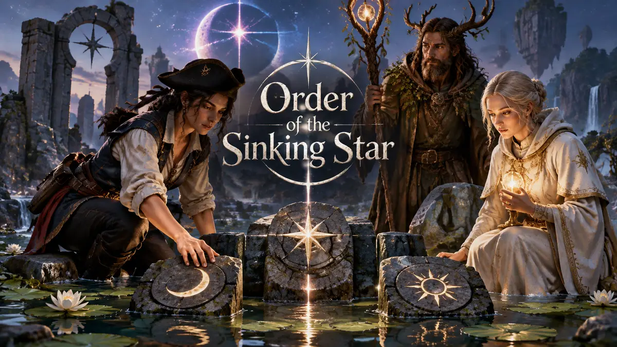 Морячка, друид и клирик среди камней и кувшинок на воде, головоломка Order of the Sinking Star