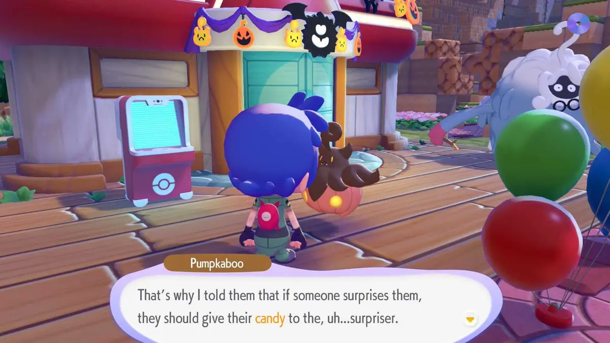 A Pokémon Pokopia screenshot showing Ditto talking to Pumpkaboo