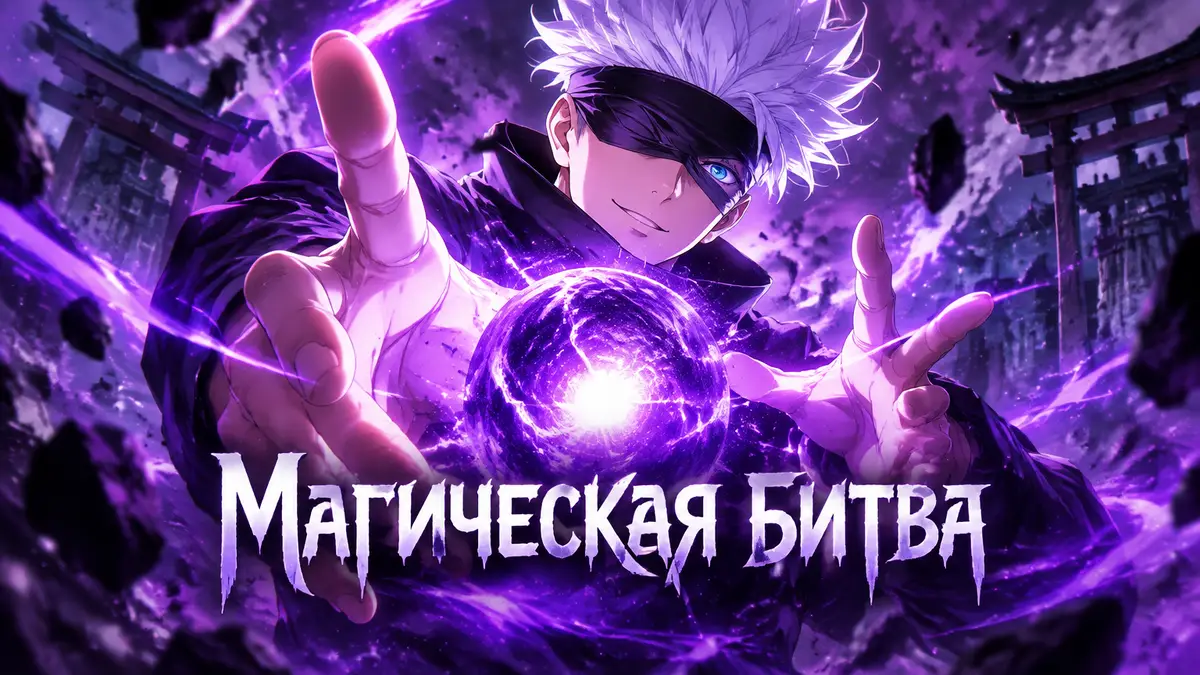Сатору Годзё запускает фиолетовую сферу Hollow Purple на постере аниме «Магическая битва»