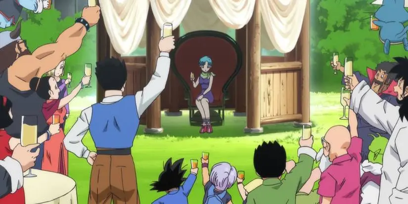 The Dragon Ball gang assemble at Bulma's party in Dragon Ball Super.