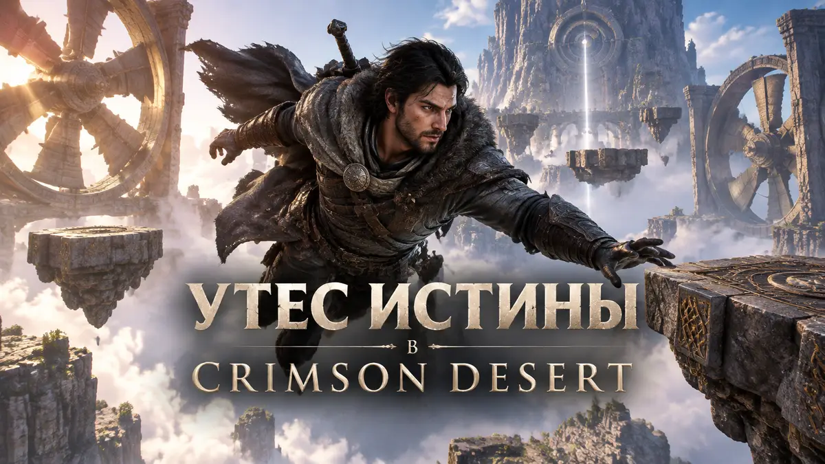 Kliff парит среди летающих платформ и гигантских вентиляторов на Утесе истины в Crimson Desert
