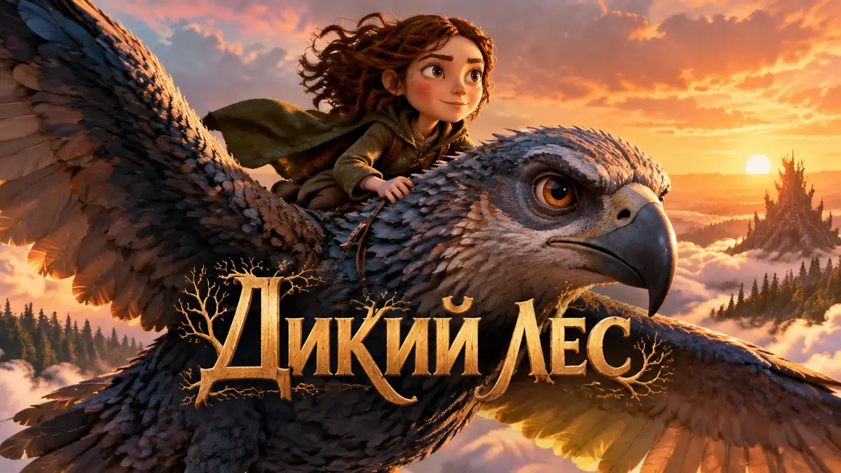Прю верхом на гигантской птице летит среди облаков на фоне заката в анимационном фильме Дикий лес