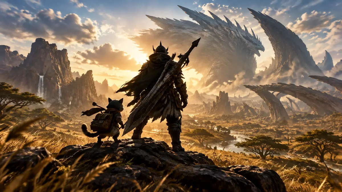 Охотник в броне и кот-напарник Palico на ветреных равнинах на фоне логотипа Monster Hunter Wilds