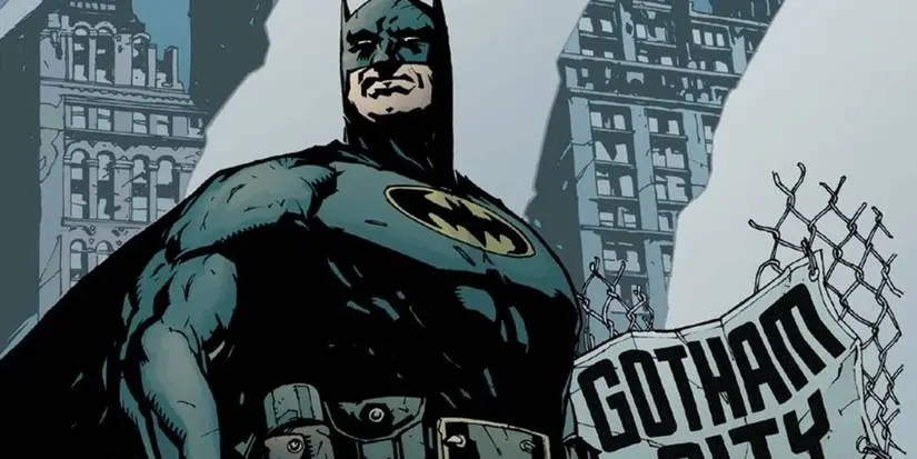 Batman standing in a destroyed Gotham City in No Man's Land.