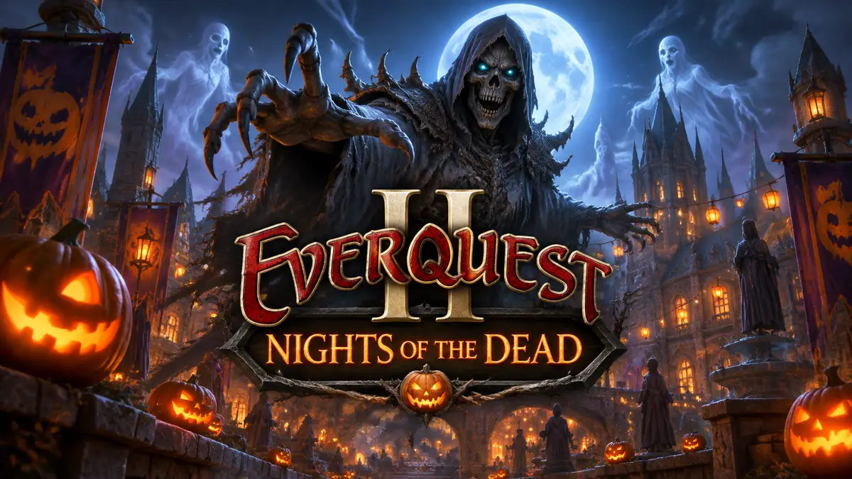 Призрачная нежить в тыквенном свете над праздничным городом, логотип EverQuest II Nights of the Dead