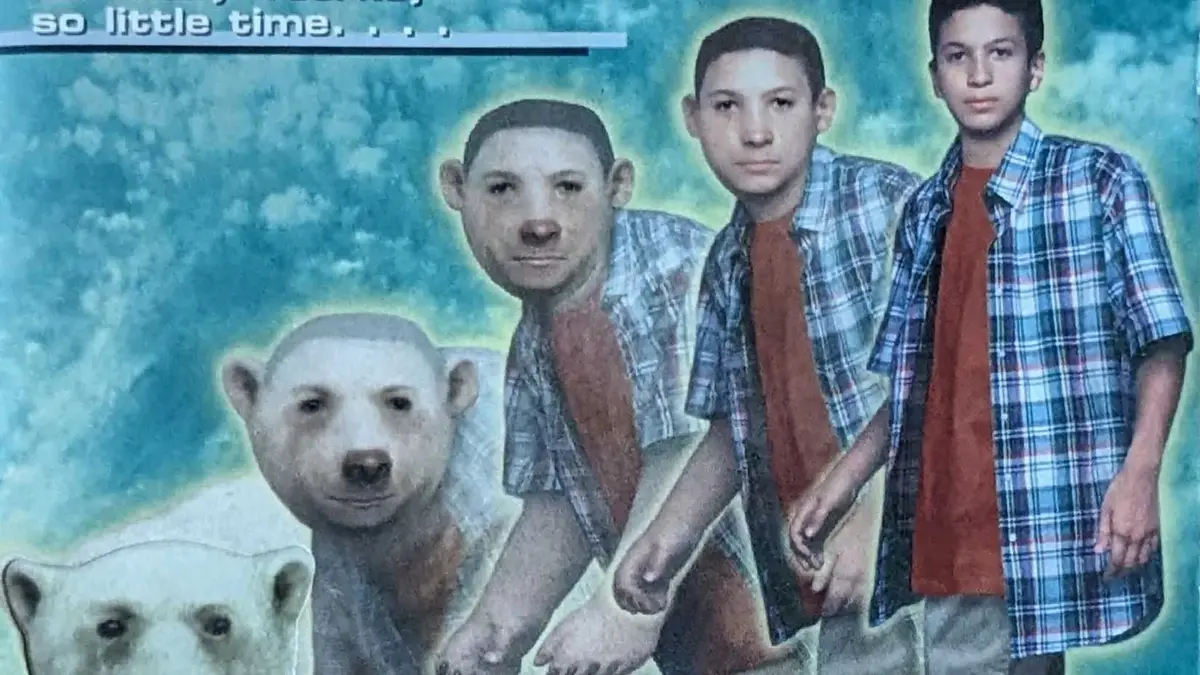 An animorphs book cover shows a boy turning into a polar bear