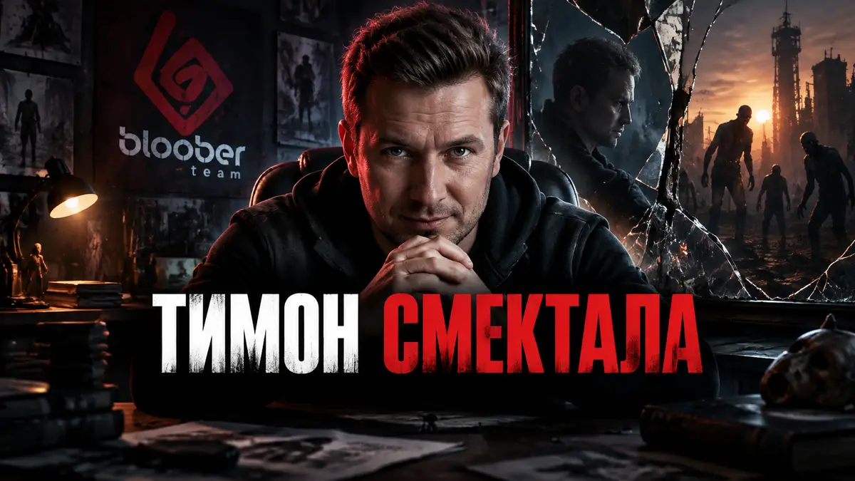Тимон Смектала в тёмной хоррор-студии Bloober Team, за ним разбитое зеркало и силуэты из Dying Light