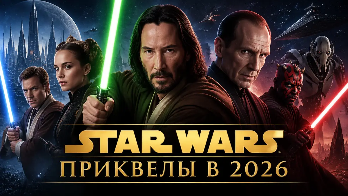 Джедаи и ситхи из приквелов Star Wars со световыми мечами на фоне звёзд, постер нового каста