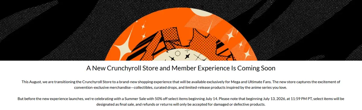 Crunchyroll store change announcement image