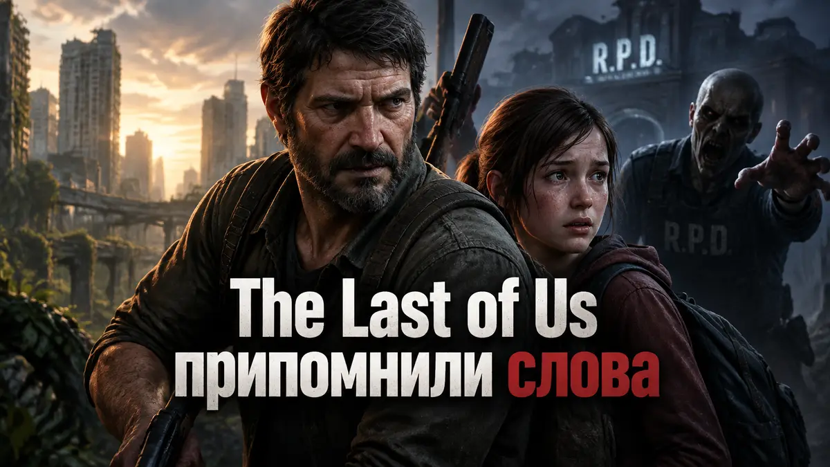 Джоэл и Элли из The Last of Us на фоне заброшенного города, рядом силуэт зомби в стиле Resident Evil