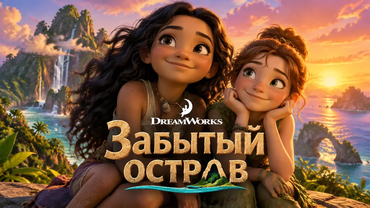 Две подруги из мультфильма DreamWorks «Забытый остров» на волшебном острове в мягком сиянии заката