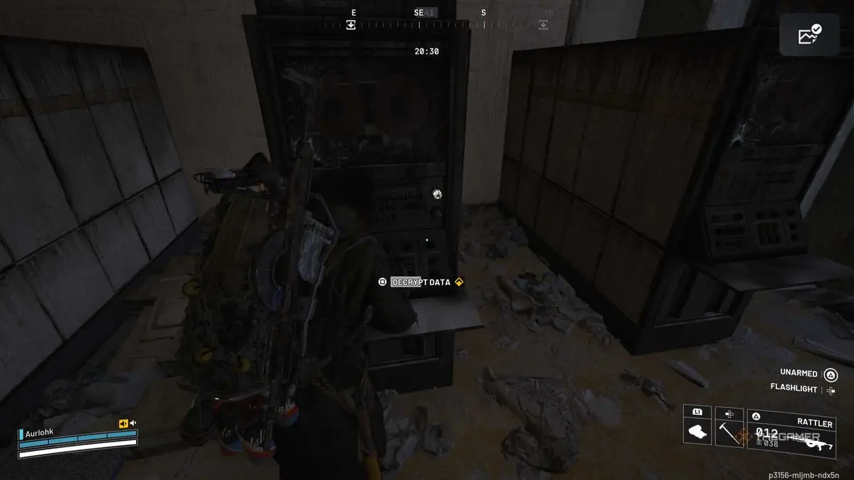 Player raider decrypting data at a console in an office room in the Arrival Building in Arc Raiders.