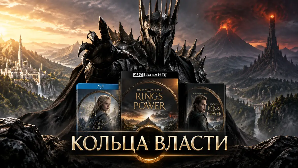 Саурон в тёмных доспехах на фоне Средиземья, постер сериала «Властелин колец: Кольца власти» в 4K