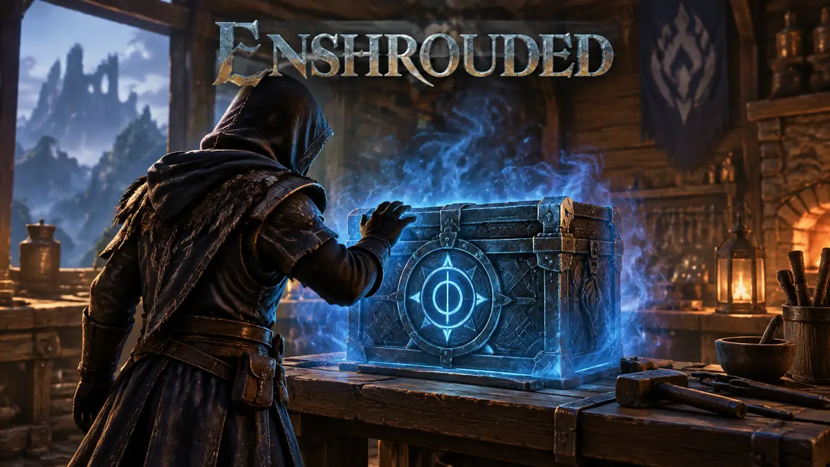 Магический сундук Enshrouded, окутанный синей дымкой Shroud, в деревянной мастерской у верстака