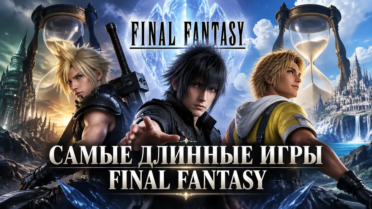 Ноктис, Клауд и Тидус на фоне кристалла с логотипом Final Fantasy и песочными часами — самые длинные игры серии