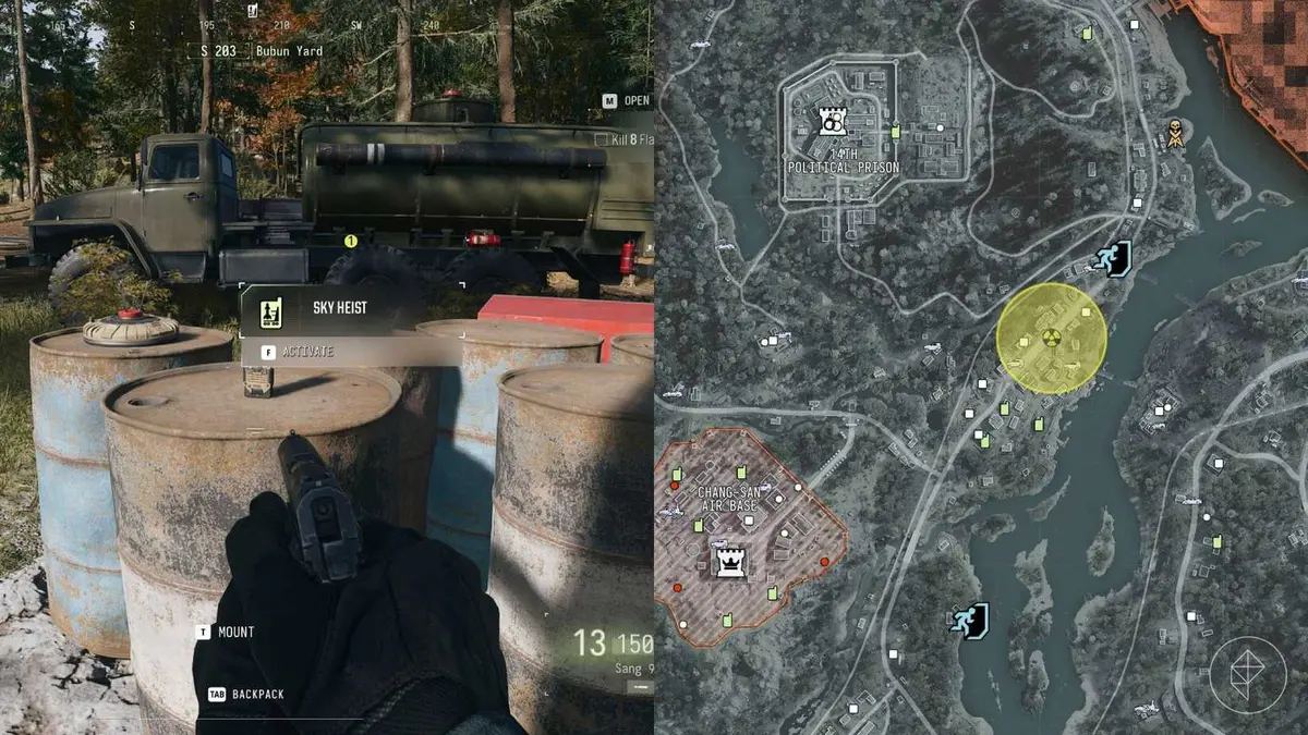 The left-hand side of the image shows the player in front of a dynamic op phone in Modern Warfare 4 DMZ while the right-hand side shows the in-game map with lots of dynamic phone options.
