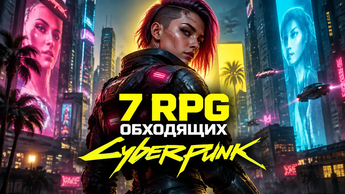 Персонаж в футуристической броне на фоне неонового города на постере темы Cyberpunk