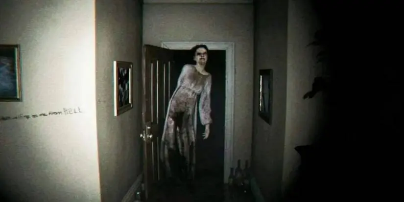 Female ghost walking in a dark house in P.T. game