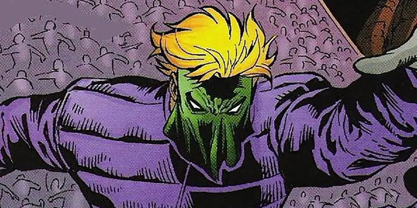 Sportsmaster in a mask and wearing a purple jacket, running away