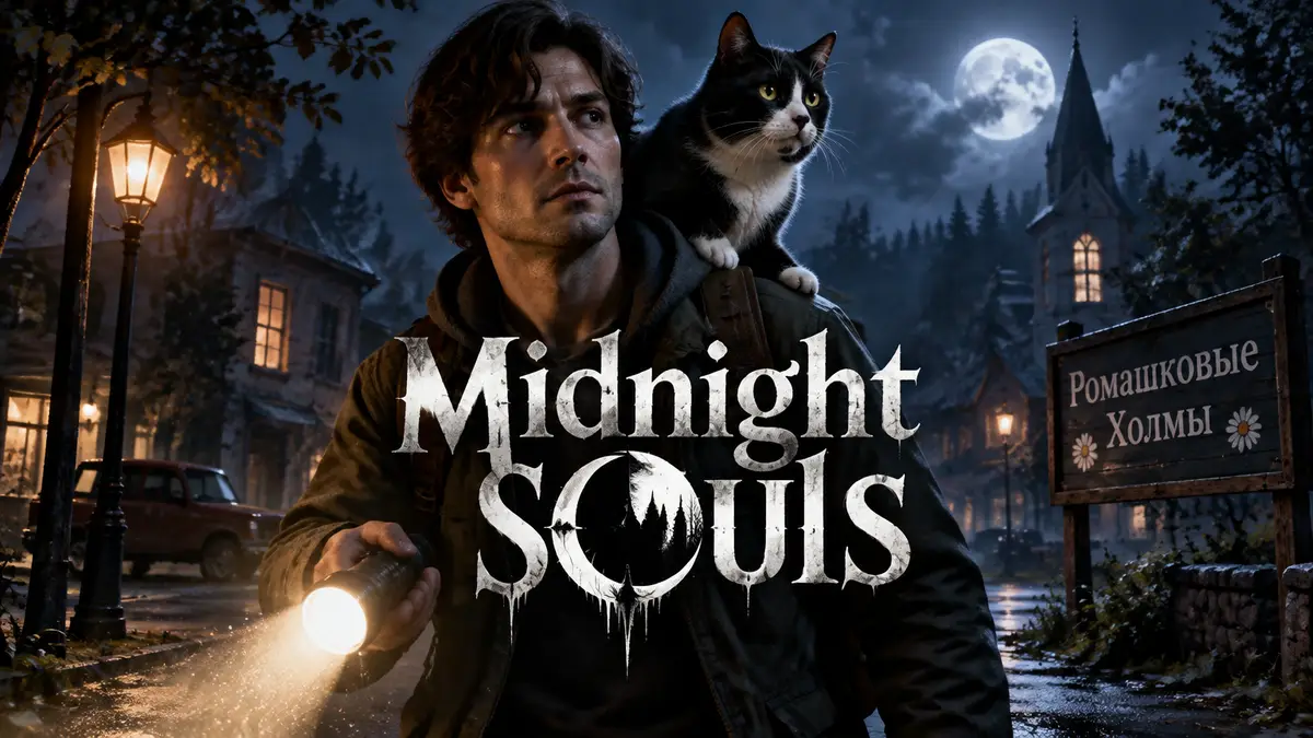 Герой хоррора Midnight Souls с котом Чарли на ночной улице тихого городка Ромашковые Холмы