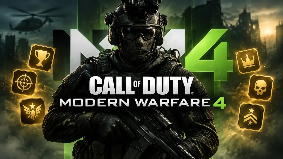 Солдат в тактическом снаряжении на фоне логотипа Call of Duty Modern Warfare 4 и золотых значков достижений