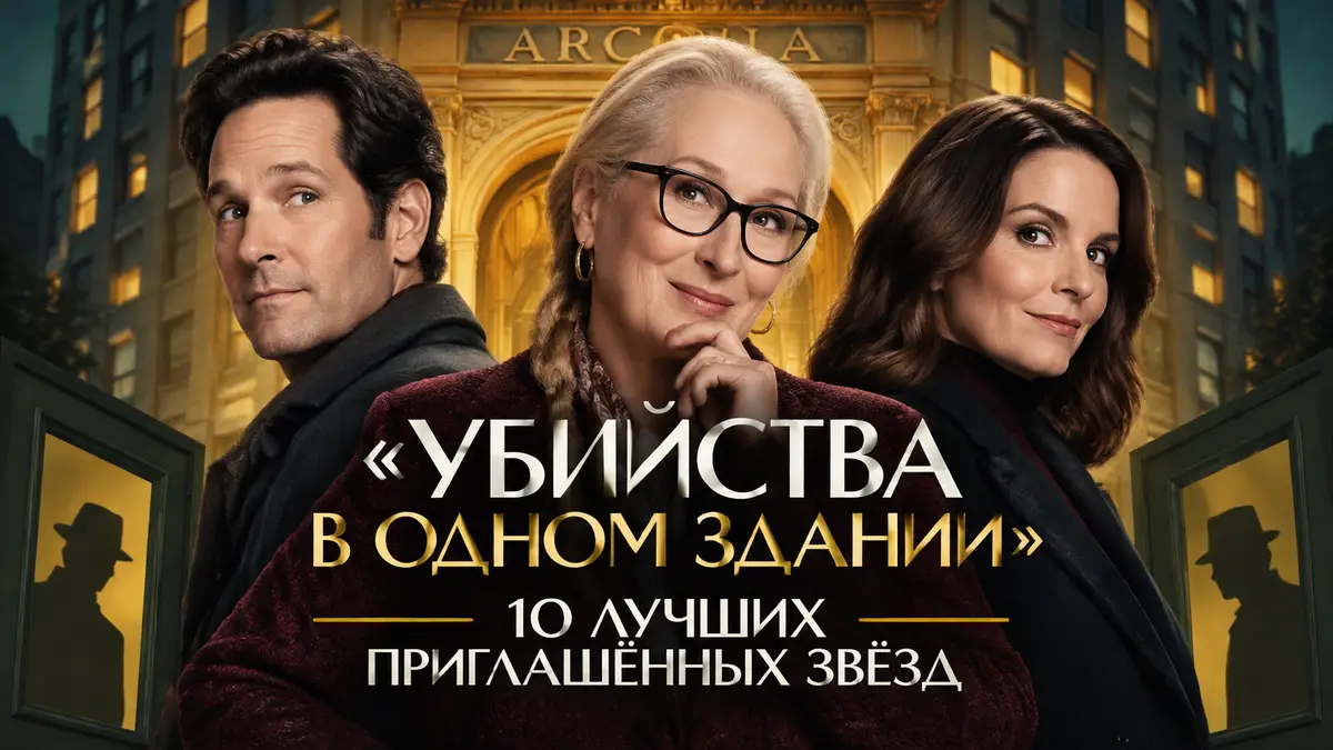 Мерил Стрип, Пол Радд и Тина Фей на фоне здания Аркония, постер сериала «Убийства в одном здании»