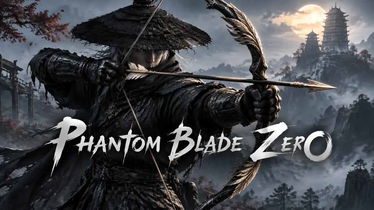Воин Soul из Phantom Blade Zero натягивает изящный лук Feather Bow на фоне туманной долины и башни