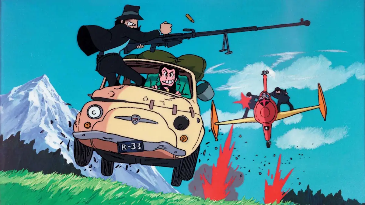Jigen and Lupin's car chase scene in Lupin III The Castle of Cagliostro with Jigen shooting at a plane