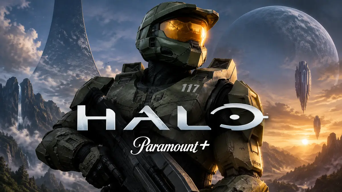 Мастер Чиф в зелёной броне на фоне инопланетного неба, логотип сериала Halo от Paramount+