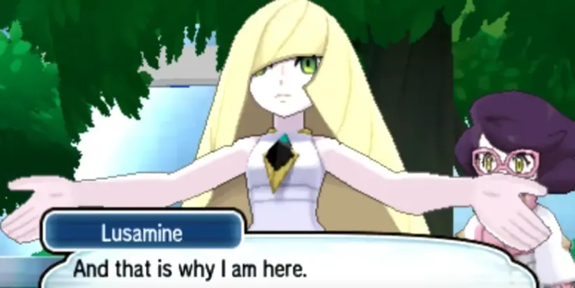 Lusamine is standing with her arms spread wide and a serious expression on her face in Pokémon Sun and Moon.