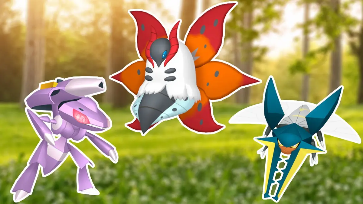 Genesect, Volcarona and Vikavolt on a Pokémon Go background.