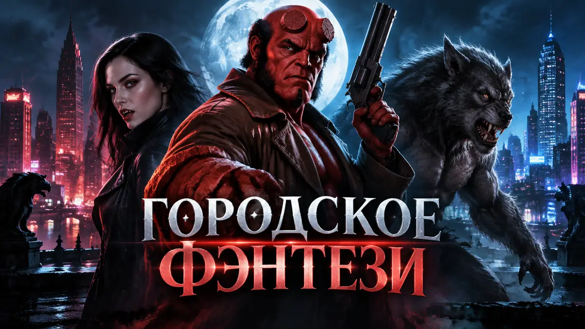 Постер городского фэнтези: вампир, оборотень и охотник на демонов на фоне ночного неонового города