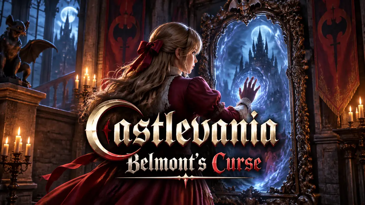 Героиня Rose в Castlevania: Belmont’s Curse стоит перед мерцающим готическим зеркалом в Dracula’s Manor