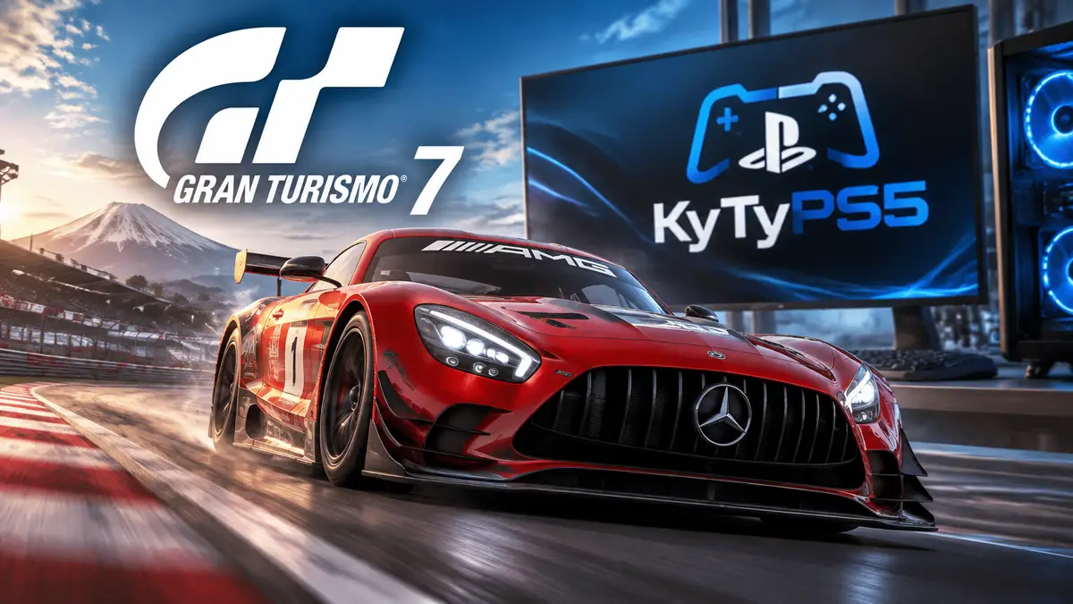 Спорткар из Gran Turismo 7 мчится по гоночной трассе на фоне монитора ПК и логотипа эмулятора PS5