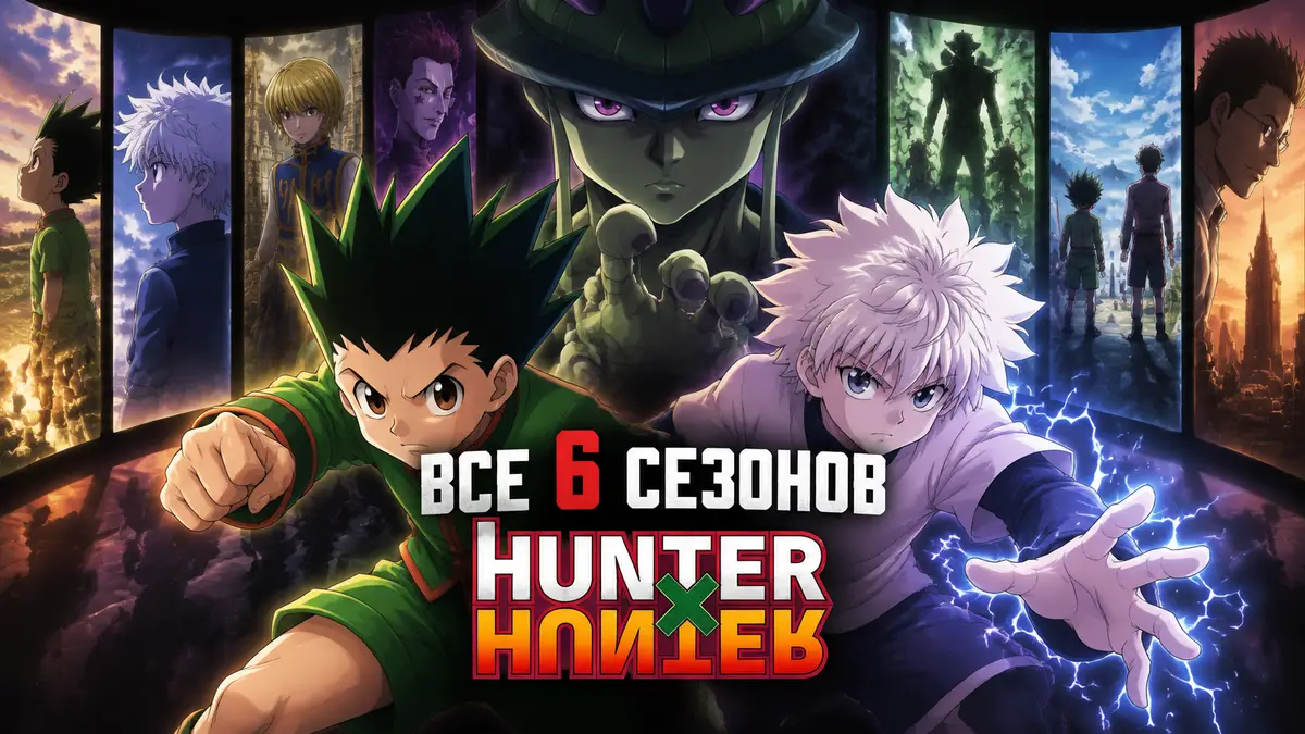 Гон и Киллуа на фоне Мерема в стиле аниме Hunter x Hunter, постер всех сезонов сериала