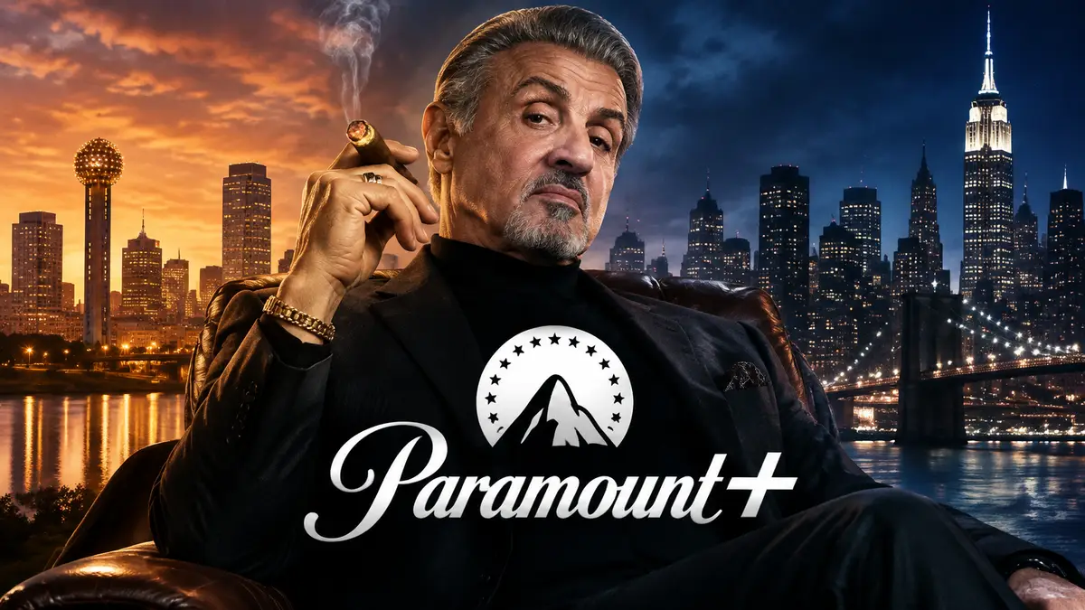 Постер сериалов Paramount+: Сильвестр Сталлоне в роли Дуайта Манфреди на фоне ночной Талсы и Нью-Йорка