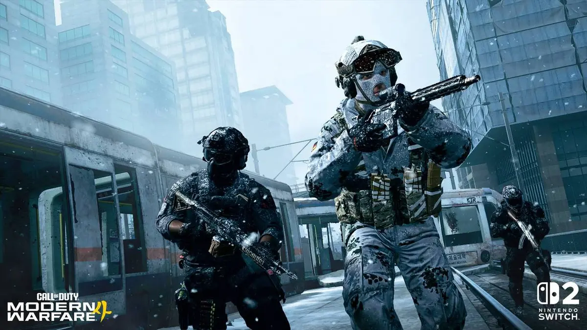 Three players exploring a snowy DMZ in Modern Warfare 4.