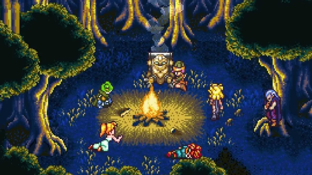 The seven main characters from Chrono Trigger rest around a campfire at night.