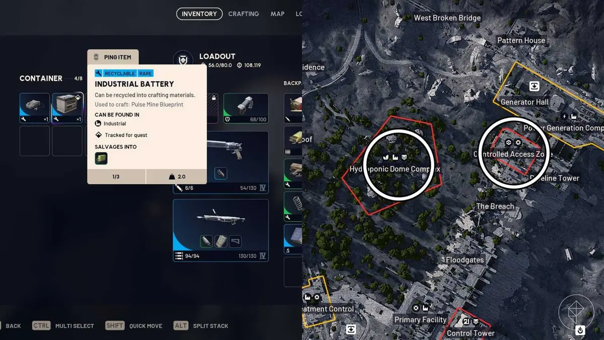 The left-hand side of the image shows the industrial battery in Arc Raiders while the right-hand side shows the two locations it can commonly be found on Dam Battlegrounds.