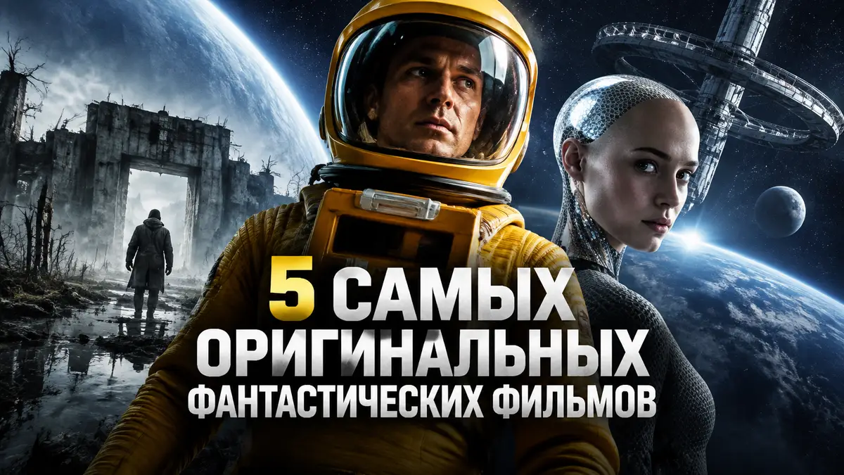Постер научной фантастики: астронавт в жёлтом скафандре, андроид и заброшенная Зона на фоне космоса