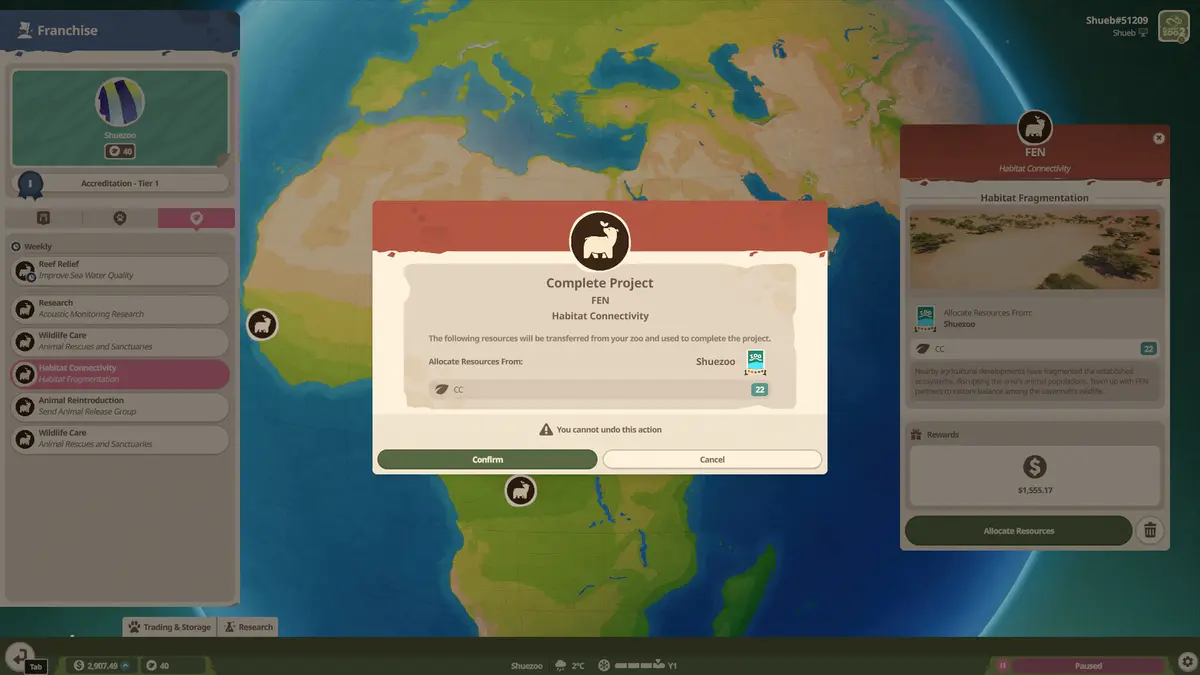 project confirmation screen